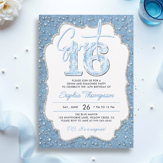 Denim Diamonds Glitzer Elegant Frame Sweet 16 Einladung
