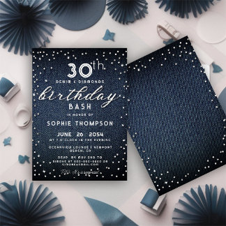 Denim Diamonds Glitzer Modernes 30. Geburtstag Par Einladung