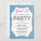 Denim Diamonds Glitzer Rahmen Sweet 16 Party Pink Einladung (Vorderseite)