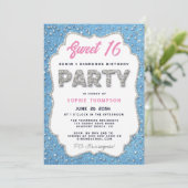 Denim Diamonds Glitzer Rahmen Sweet 16 Party Pink Einladung (Stehend Vorderseite)