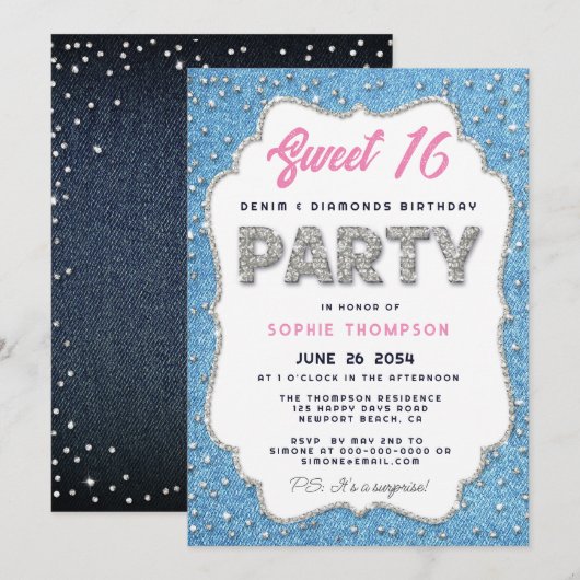 Denim Diamonds Glitzer Rahmen Sweet 16 Party Pink Einladung (Vorne/Hinten)