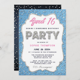 Denim Diamonds Glitzer Rahmen Sweet 16 Party Pink Einladung