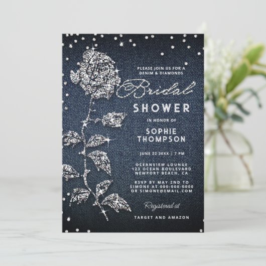 Denim Diamonds Glitzer Rose Blue Brautparty Einladung (Stehend Vorderseite)