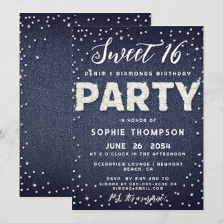Denim Diamonds Glitzer Sweet 16 Geburtstagsparty Einladung