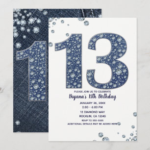 Denim & Diamonds Glitzerfunkeln 13. 13. Geburtstag Einladung