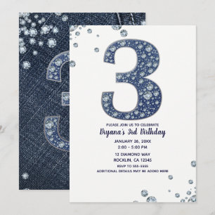 Denim & Diamonds Glitzerfunkeln 3. 3. Geburtstag Einladung