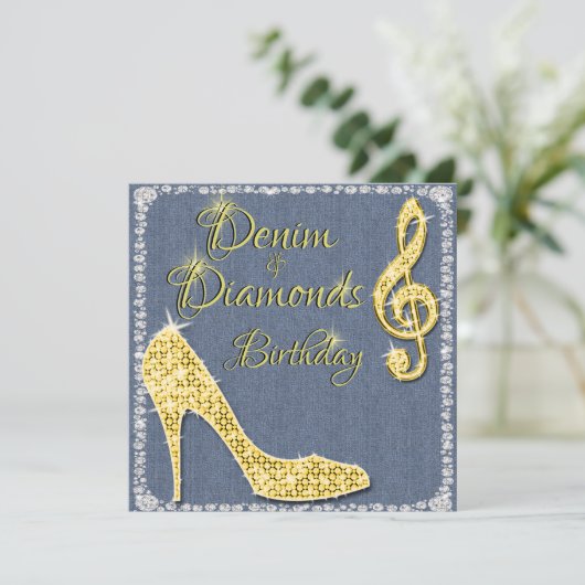 Denim & Diamonds Gold 25. Geburtstag Einladung (Stehend Vorderseite)