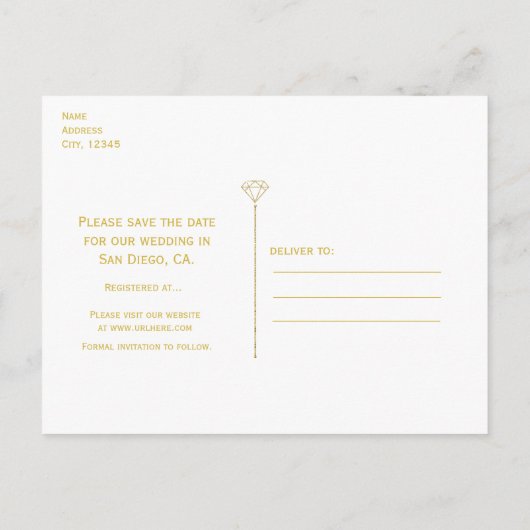 Denim & Diamonds Gold & Blue Glam Save the Date Ankündigungspostkarte (Rückseite)