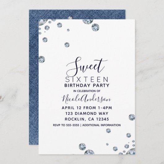 Denim & Diamonds Jean Birthday Sweet 16 Party Einladung (Vorne/Hinten)