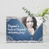 Denim & Diamonds Jean Zipper Party Foto Einladung (Stehend Vorderseite)