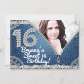 Denim & Diamonds Jean Zipper Sweet 16 Foto Party Einladung (Vorderseite)