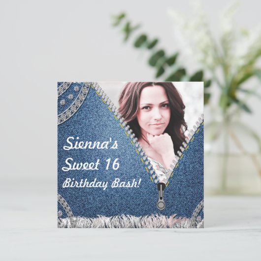 Denim & Diamonds Jeans Birthday Foto Einladung (Stehend Vorderseite)