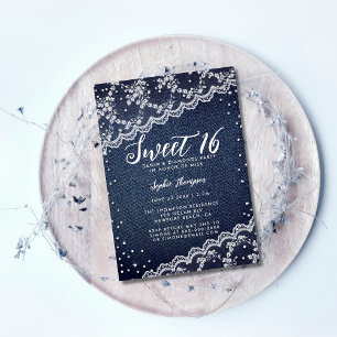 Denim Diamonds Lace Sweet 16 Trendy Birthday Party Einladung