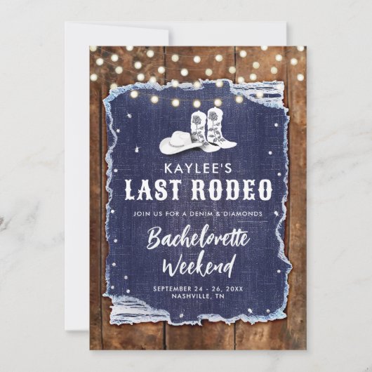 Denim Diamonds Last Rodeo Rustic Chic Bachelorette Einladung (Vorderseite)