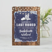 Denim Diamonds Last Rodeo Rustic Chic Bachelorette Einladung (Stehend Vorderseite)