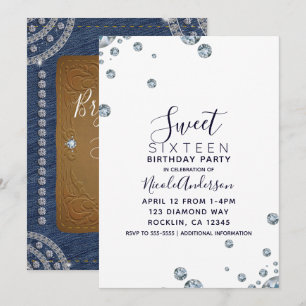 Denim & Diamonds Leder Geburtstagsfeier Sweet 16 P Einladung