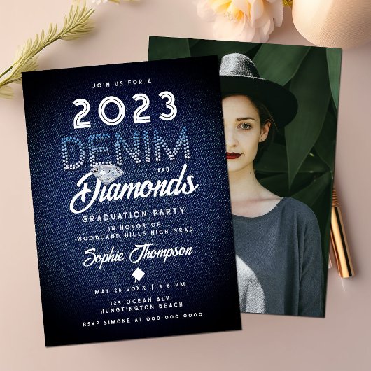 Denim Diamonds Modern Chic Foto Graduation Party Einladung