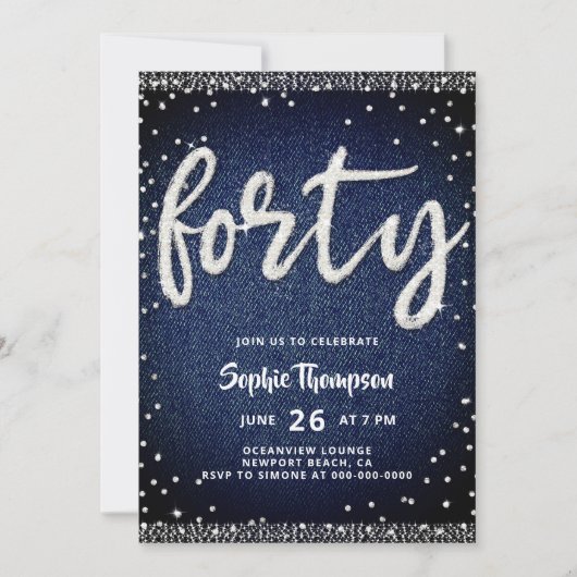 Denim Diamonds Modern Glam Classy 40. Geburtstag Einladung (Vorderseite)