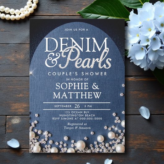 Denim Diamonds Pearls Arch Coed Chic Couple Dusche Einladung