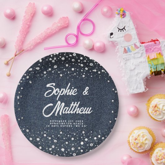 Denim Diamonds Pearls Blue Couple Polterabend Pappteller (Party)