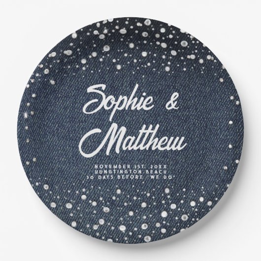 Denim Diamonds Pearls Blue Couple Polterabend Pappteller (Vorderseite)