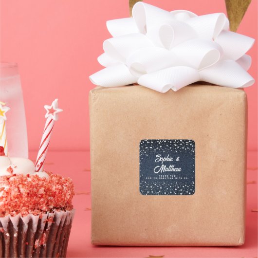 Denim Diamonds Pearls Blue Couple Polterabend Quadratischer Aufkleber (Party)