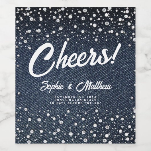 Denim Diamonds Pearls Blue Couple Polterabend Weinetikett (Einzelnes Label)