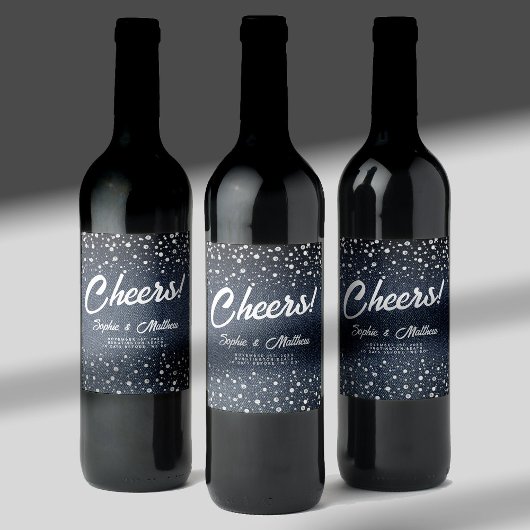 Denim Diamonds Pearls Blue Couple Polterabend Weinetikett