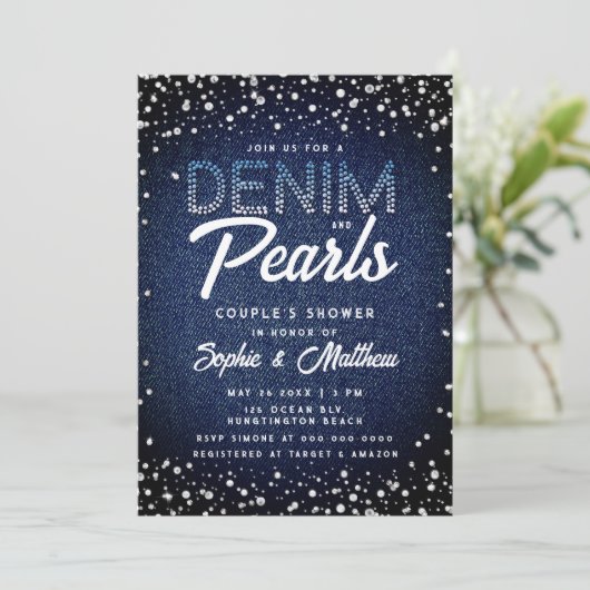 Denim Diamonds Pearls Blue Elegante Dusche Einladung (Stehend Vorderseite)