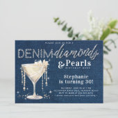 Denim Diamonds Pearls Champagne Blue Chic Geburtst Einladung (Stehend Vorderseite)
