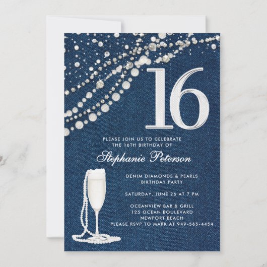 Denim Diamonds Pearls Champagne ElegantSweet 16 Einladung (Vorderseite)