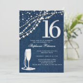 Denim Diamonds Pearls Champagne ElegantSweet 16 Einladung (Stehend Vorderseite)