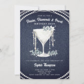 Denim Diamonds Pearls Champagne Geburtstagsparty Einladung (Vorderseite)