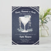 Denim Diamonds Pearls Champagne Geburtstagsparty Einladung (Stehend Vorderseite)