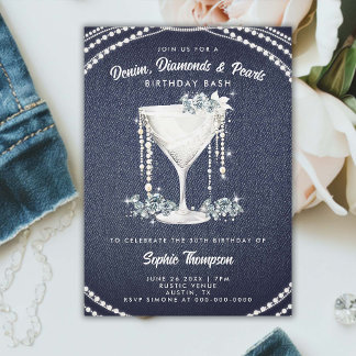 Denim Diamonds Pearls Champagne Geburtstagsparty Einladung
