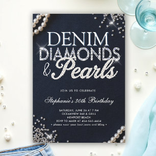 Denim Diamonds Pearls Chic Classy Elegant Geburtst Einladung