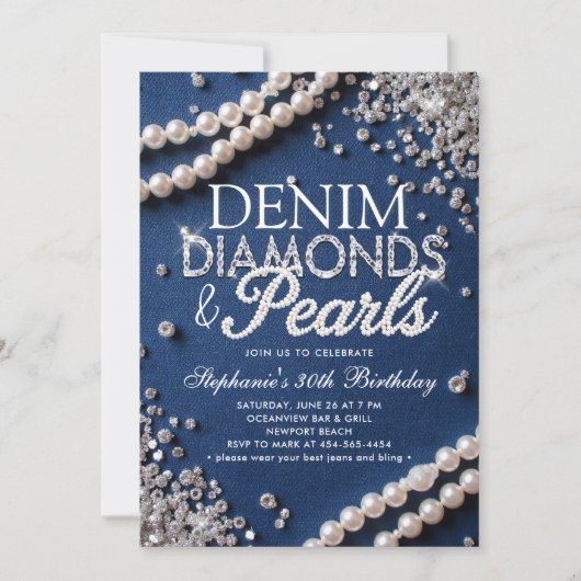 Denim Diamonds Pearls Chic Classy Stilvolle Geburt Einladung (Vorderseite)