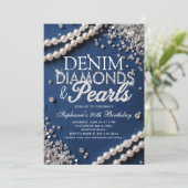Denim Diamonds Pearls Chic Classy Stilvolle Geburt Einladung (Stehend Vorderseite)