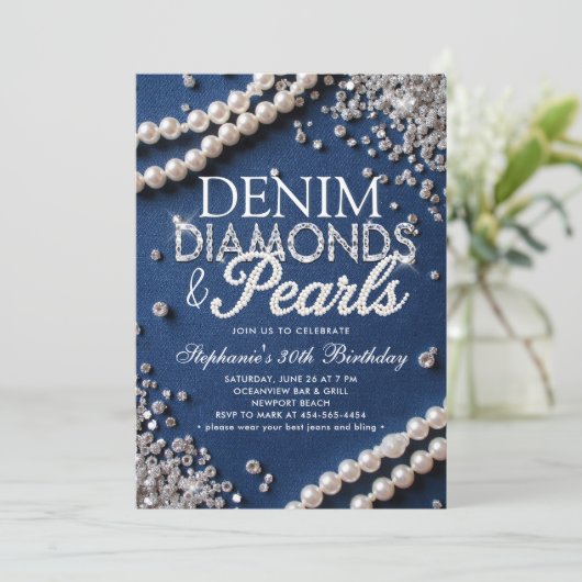 Denim Diamonds Pearls Chic Classy Stilvolle Geburt Einladung (Stehend Vorderseite)
