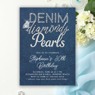 Denim Diamonds Pearls Chic Type Klasse Geburtstag Einladung