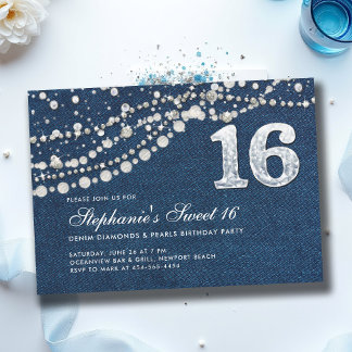 Denim Diamonds Pearls Elegant Classy Chic Sweet 16 Einladung