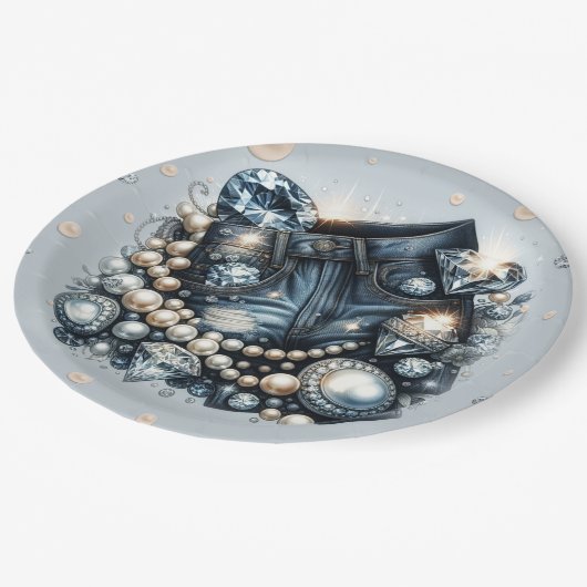 Denim Diamonds & Pearls Jeans Bling Birthday Party Pappteller (Schrägansicht)