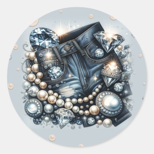 Denim Diamonds & Pearls Jeans Bling Birthday Party Runder Aufkleber (Vorderseite)