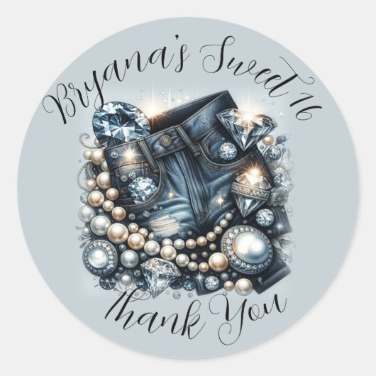 Denim Diamonds & Pearls Jeans Bling Party Runder Aufkleber (Vorderseite)