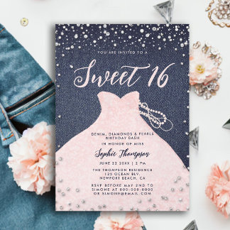 Denim Diamonds Pearls Pink Princess Dress Sweet 16 Einladung