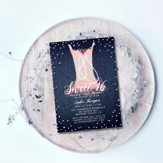 Denim Diamonds Pearls Pink Tutu Sweet 16 Party Einladung