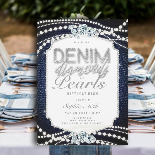 Denim Diamonds Pearls Rahmen 40. Geburtstag Party Einladung