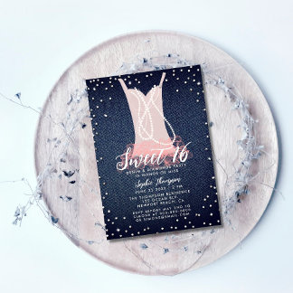 Denim Diamonds Pearls Tutu Sweet 16 Geburtstagspar Einladung