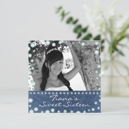 Denim Diamonds Picture Foto Sweet 16 Einladung (Stehend Vorderseite)