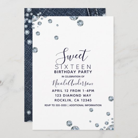 Denim & Diamonds Pocket Birthday Sweet 16 Party Einladung (Vorne/Hinten)